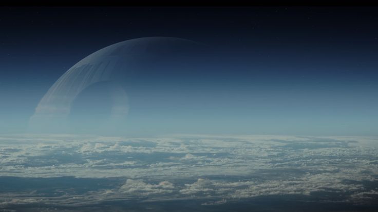An screenshot of the movie Star Wars: Rogue One, as the Death Star comes over the horizon